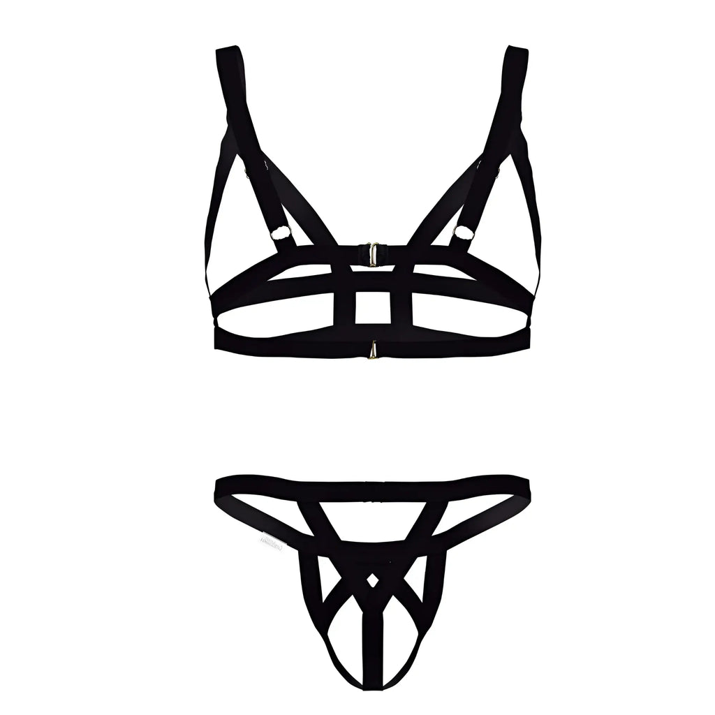Black strappy harness-style lingerie set with metallic hardware in CandyMan 99822 two piece outfit color black