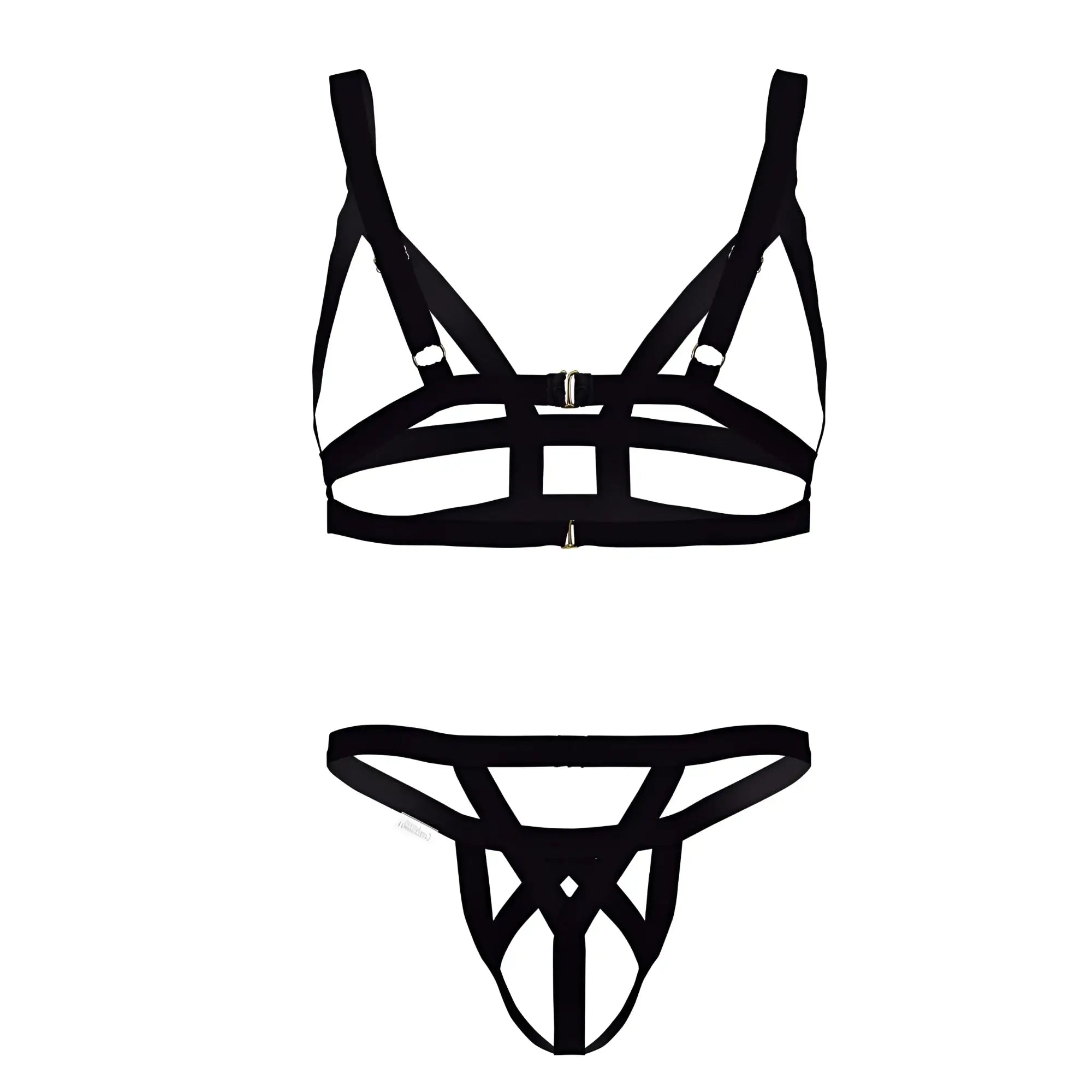 Black strappy harness-style lingerie set with metallic hardware in CandyMan 99822 two piece outfit color black