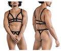 Black CandyMan 99822 two piece harness lingerie set with adjustable straps and metallic buckles shown from the back