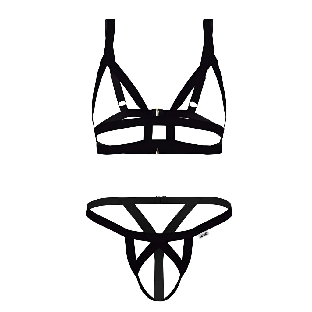 Black strappy lingerie set candyMan 99822 with geometric cage-like design perfect for intimate wear