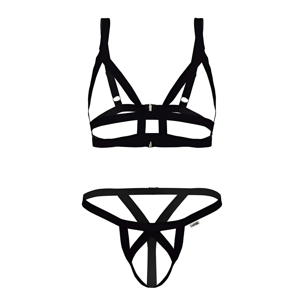 Black strappy lingerie set candyMan 99822 with geometric cage-like design perfect for intimate wear