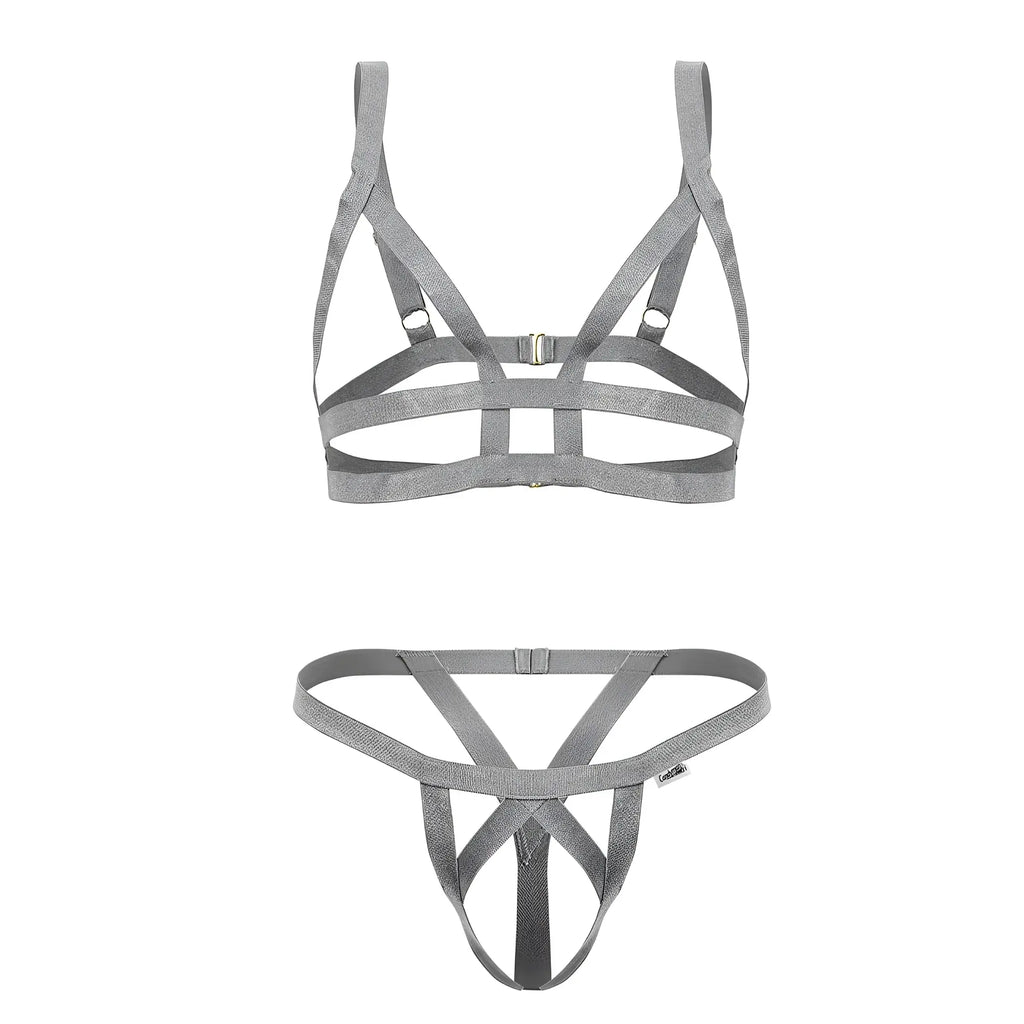 Gray shimmering fabric harness set with metallic buckle and adjustable straps from candyman 99822 two piece outfit