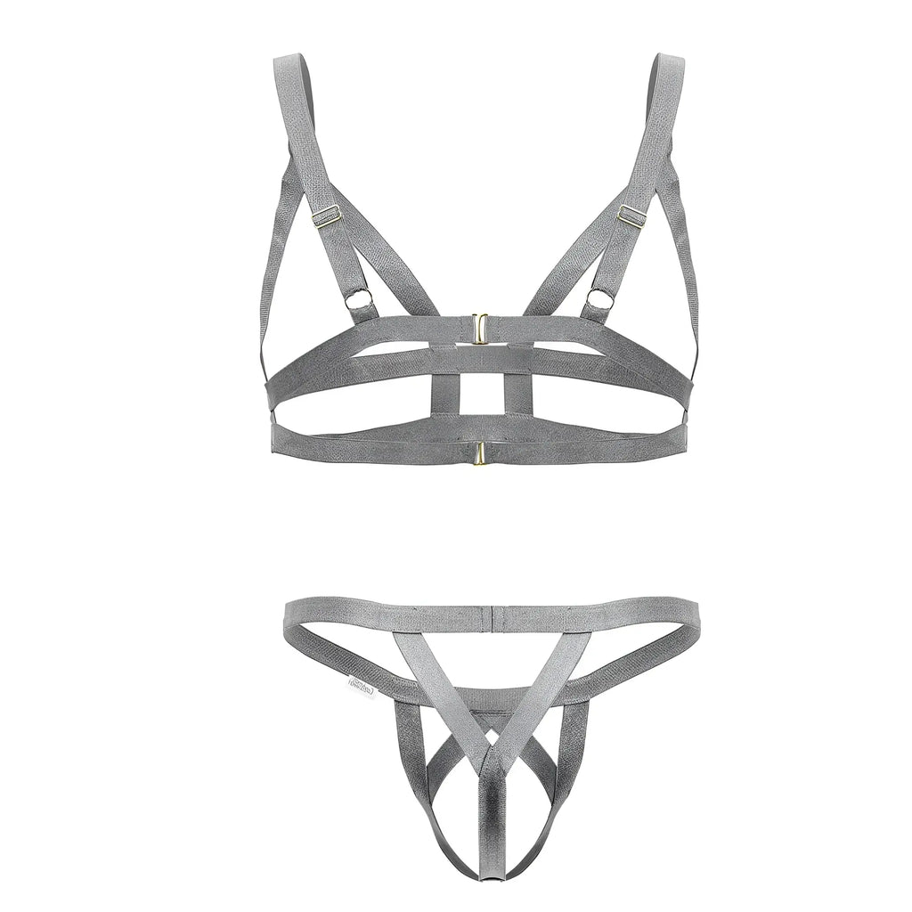 Gray fabric harness-style lingerie set candyMan 99822 with adjustable straps and metallic hardware