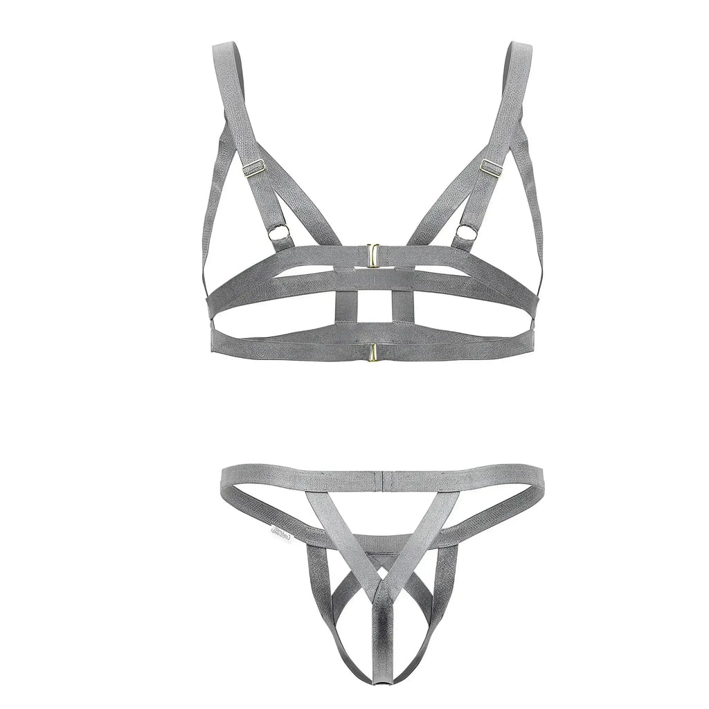 Gray fabric harness-style lingerie set candyMan 99822 with adjustable straps and metallic hardware