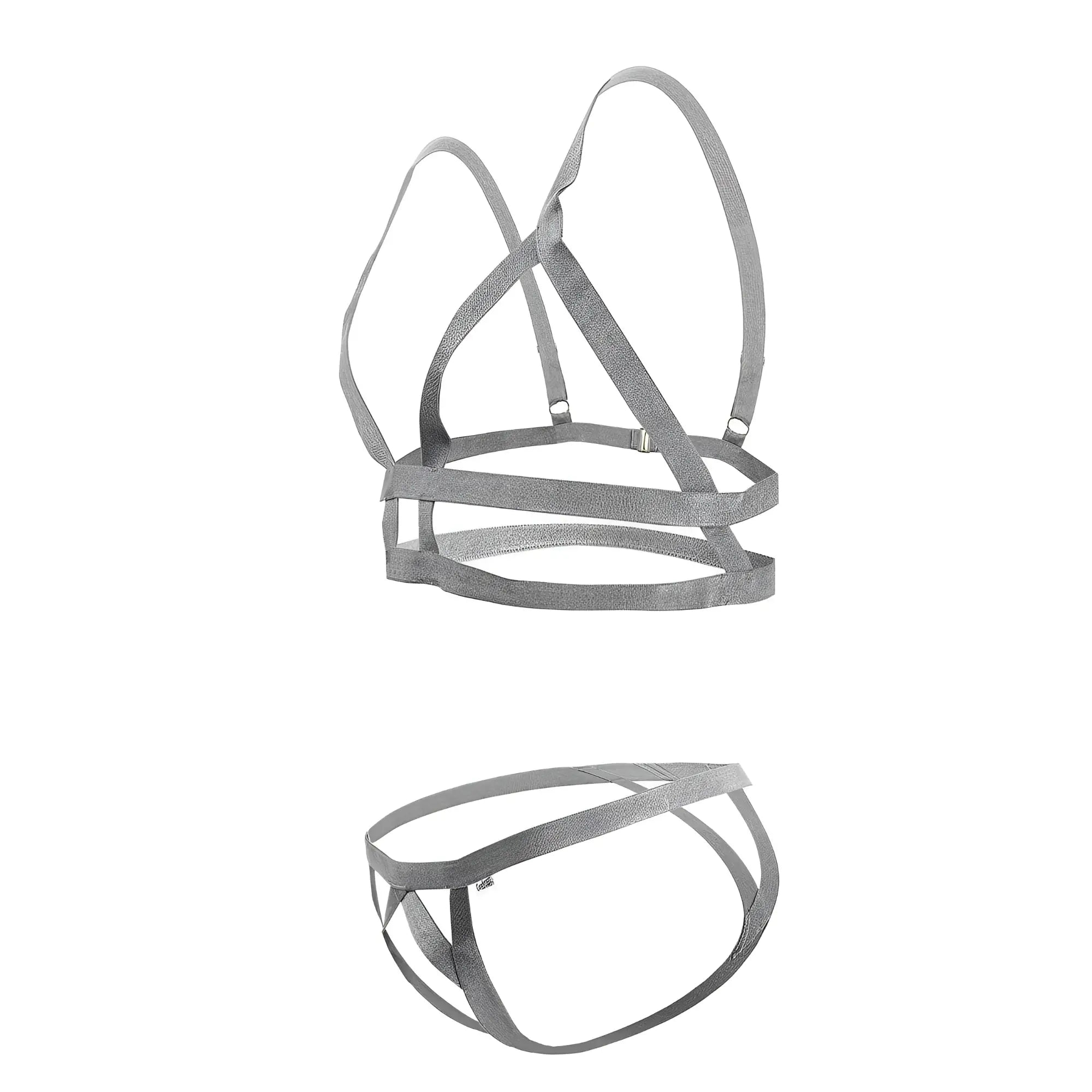 Silver metallic strap harness set from candyman 99822 two piece outfit in gray with adjustable straps and buckle closures