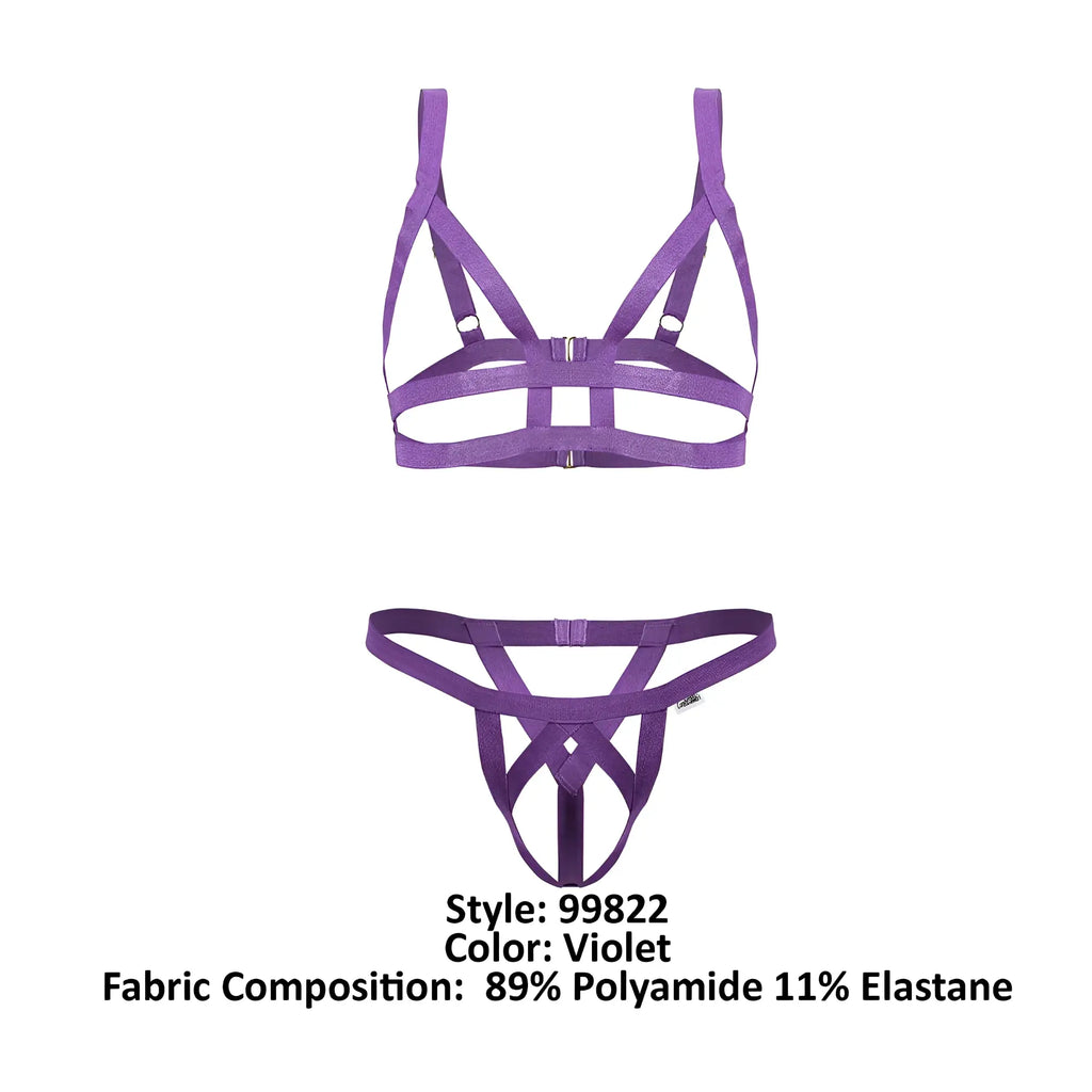 Violet candyman 99822 two piece harness-style lingerie set made of 89% polyamide and 11% elastane shown from the back