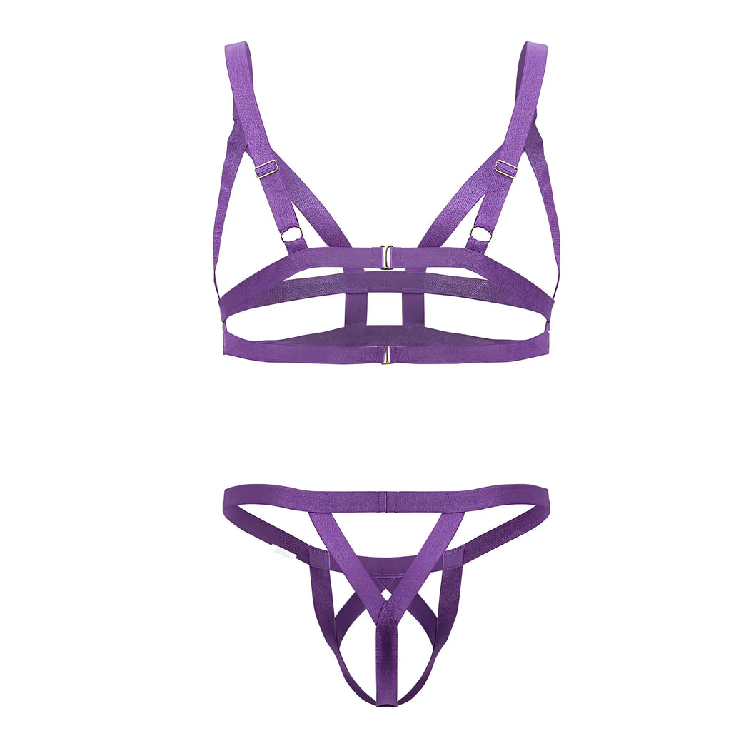 Purple fabric harness-style lingerie set with adjustable straps and metallic clasps by candyman 99822 in violet