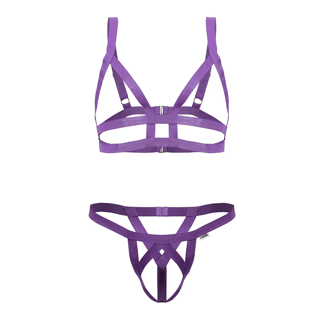 CandyMan 99822 violet harness-style two piece lingerie set made of elastic fabric with a crisscross design