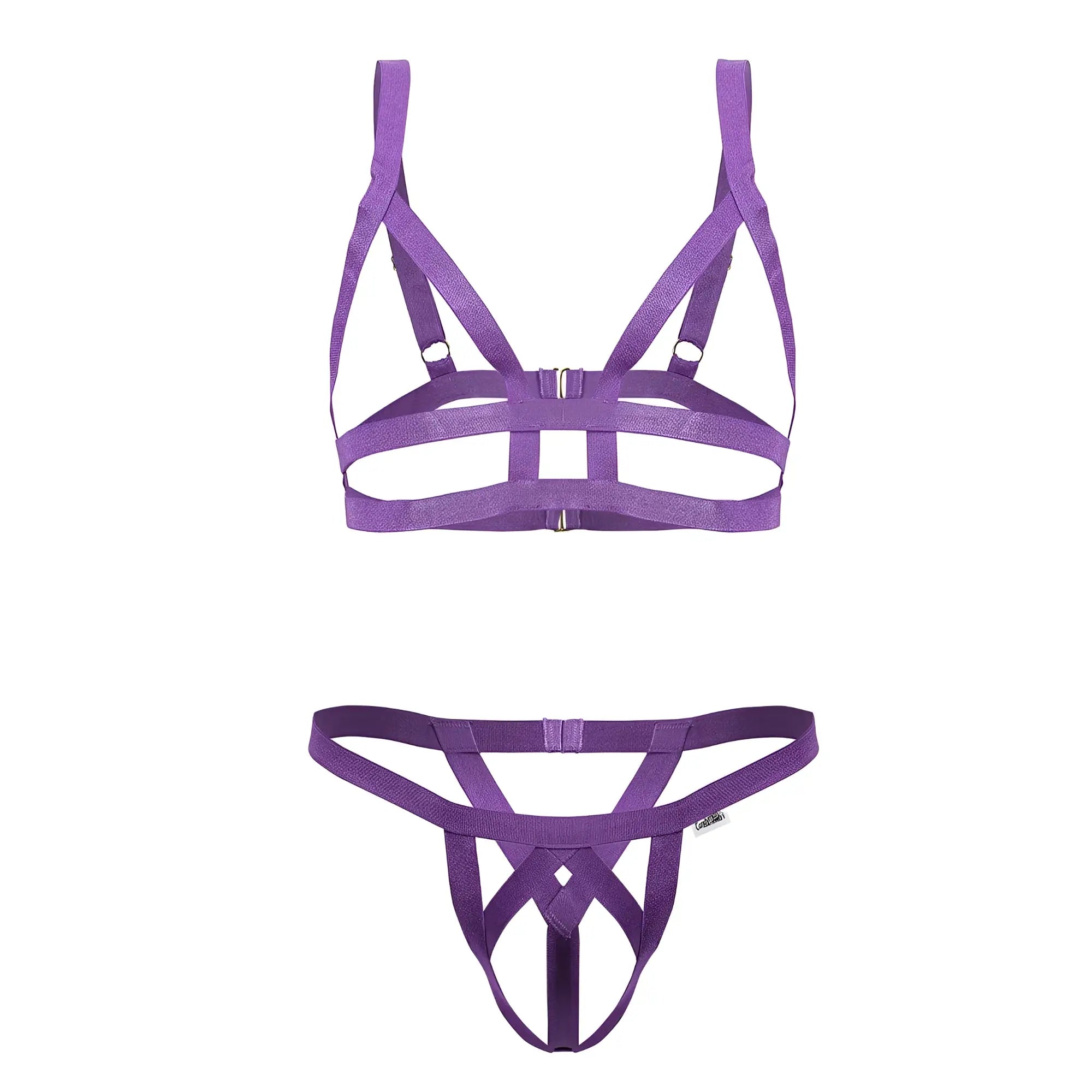 CandyMan 99822 violet harness-style two piece lingerie set made of elastic fabric with a crisscross design