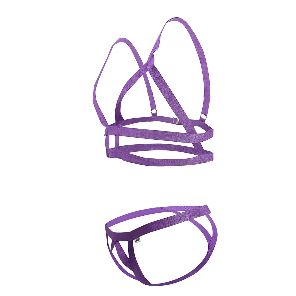 Purple satin harness set with adjustable straps and metallic clasps from candyman 99822 two piece outfit color violet
