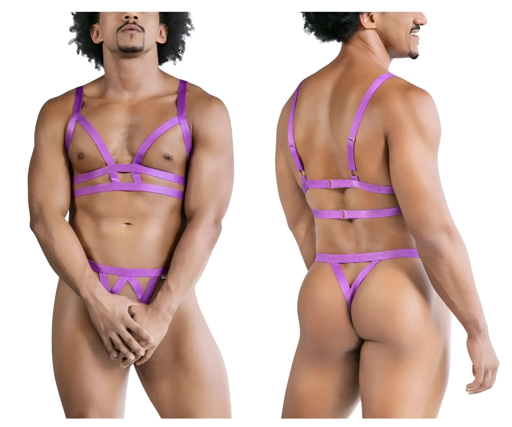 Purple strappy harness style lingerie set two piece outfit color violet by candyman with lace details