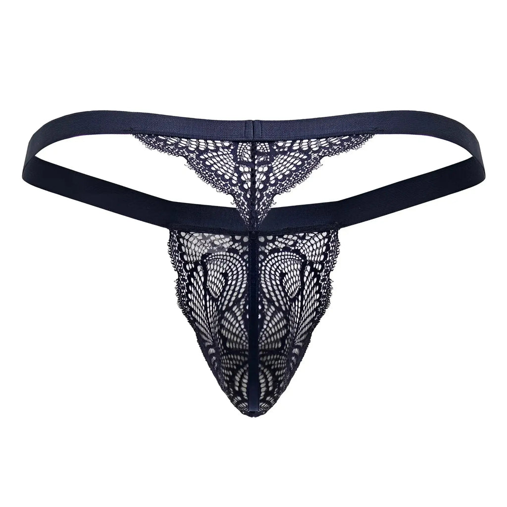 Black lace thong candyMan 99823 in blue with intricate butterfly mesh and solid elastic waistband