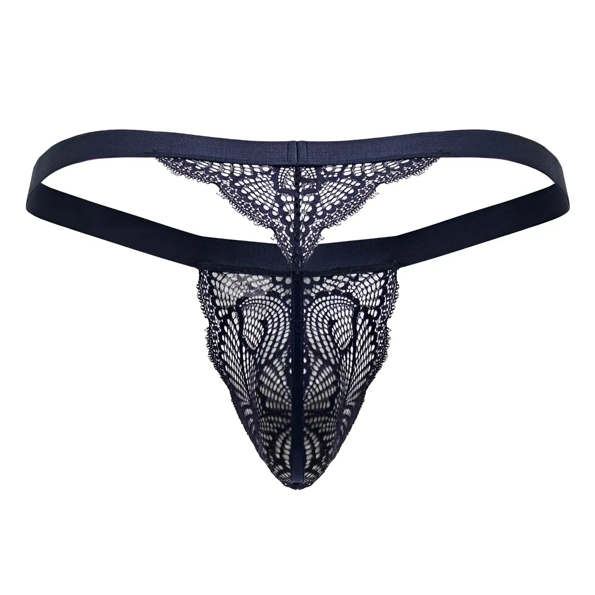 Black lace thong candyMan 99823 in blue with intricate butterfly mesh and solid elastic waistband