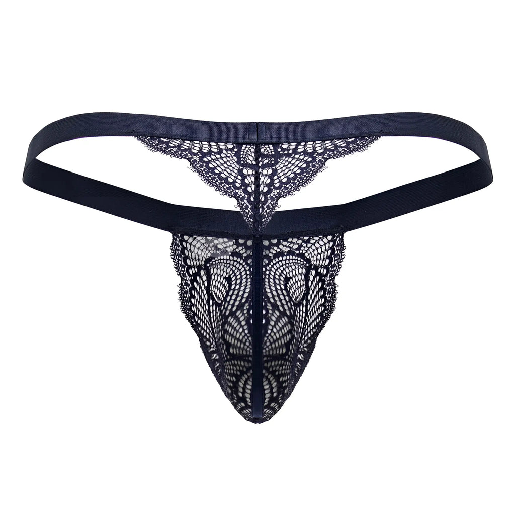 Black lace thong candyMan 99823 in blue with intricate butterfly mesh and solid elastic waistband