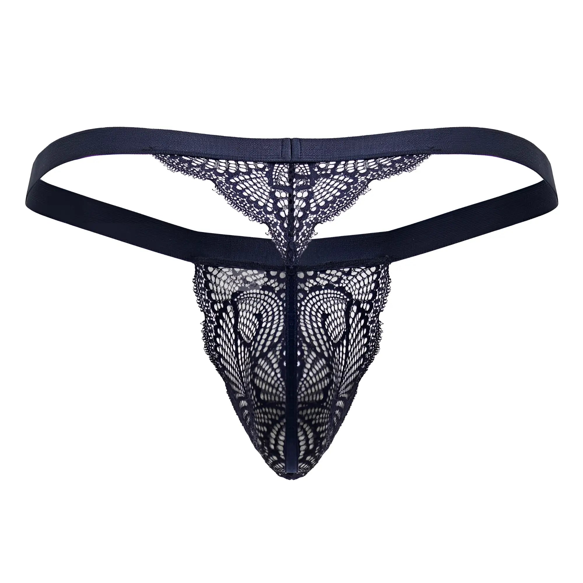 Black lace thong candyMan 99823 in blue with intricate butterfly mesh and solid elastic waistband
