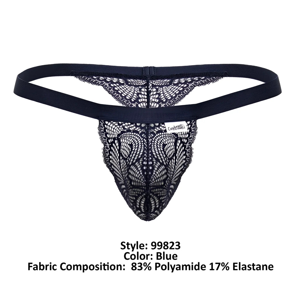 Black lace thong candyMan 99823 with solid elastic waistband and intricate pattern in blue color front view