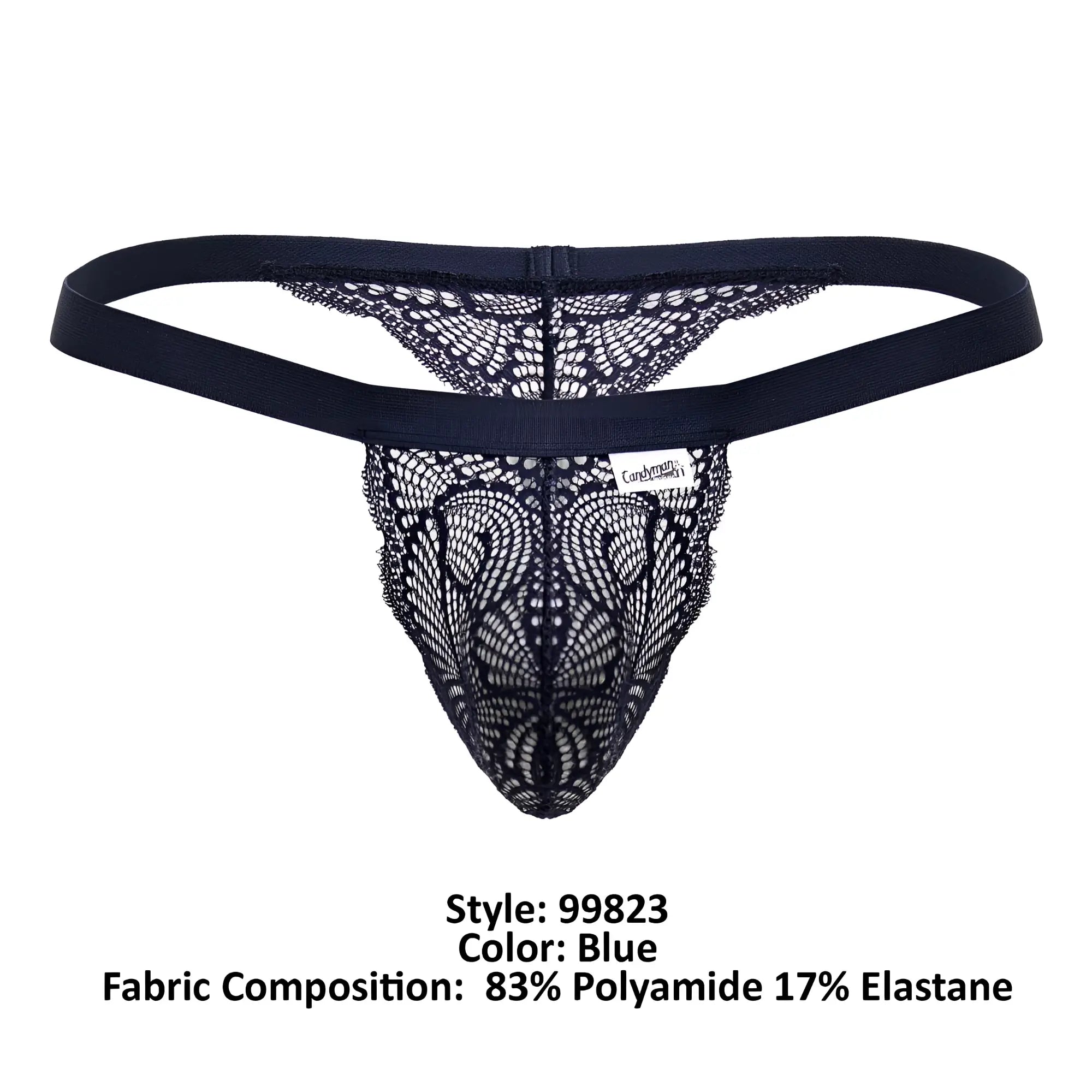 Black lace thong candyMan 99823 with solid elastic waistband and intricate pattern in blue color front view