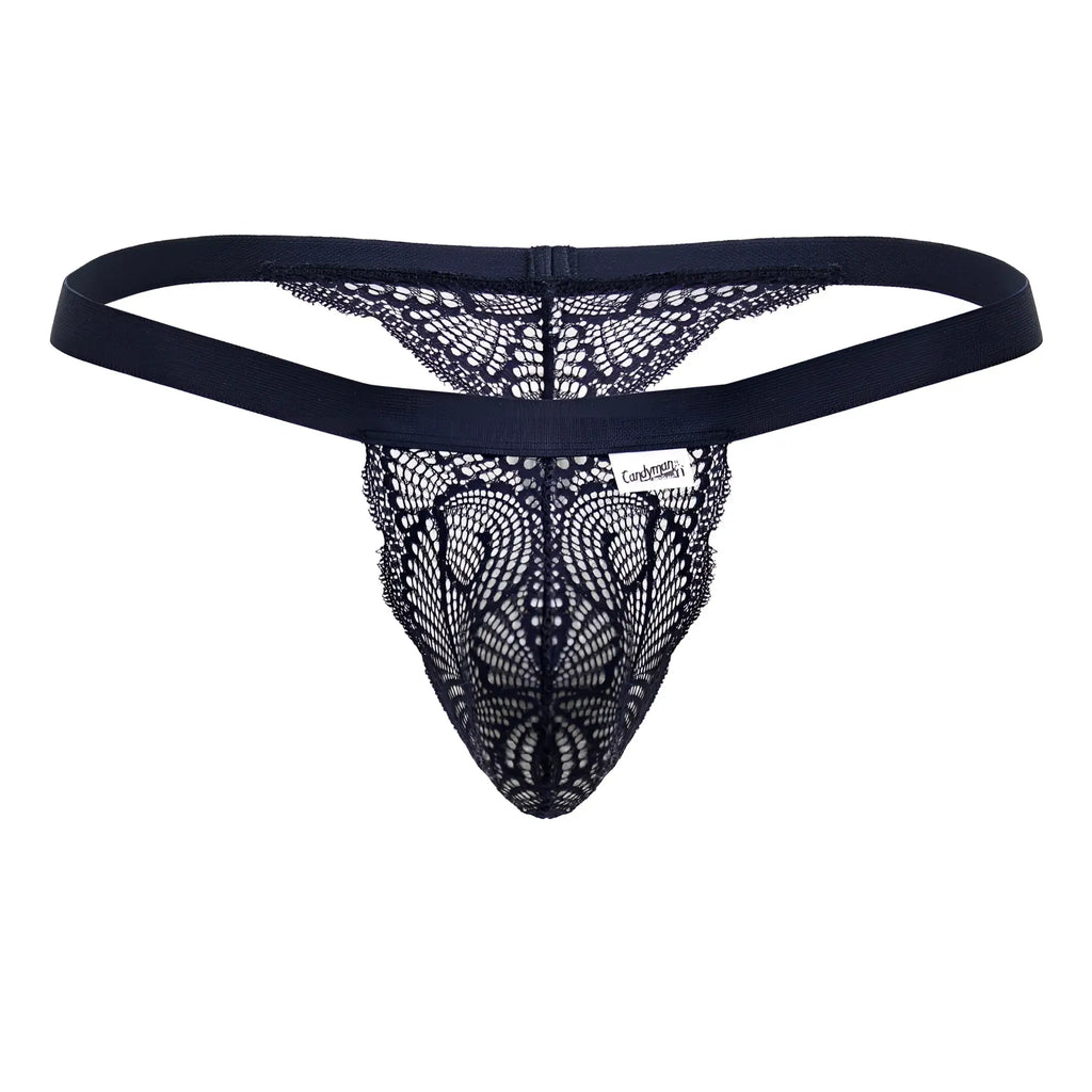 CandyMan 99823 blue lace thong with solid elastic waistband and intricate black lace pattern front view