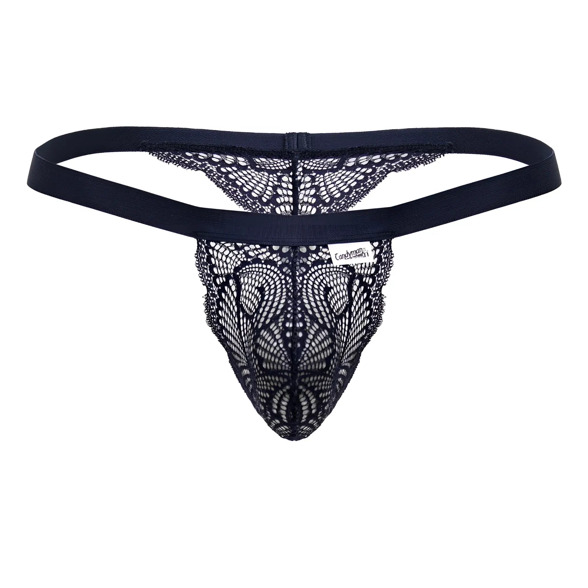 CandyMan 99823 blue lace thong with solid elastic waistband and intricate black lace pattern front view