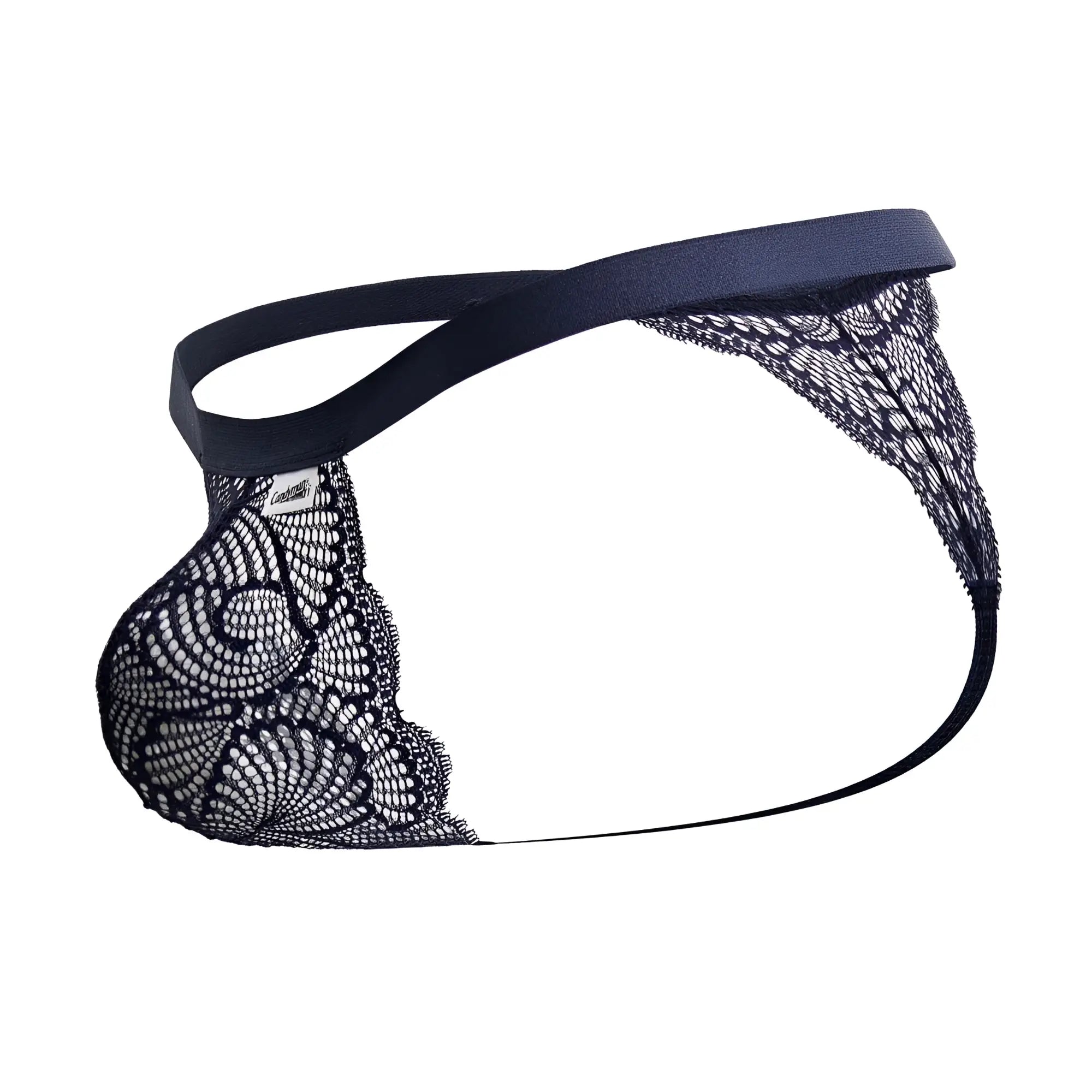 Black lace thong candyMan 99823 in blue with solid fabric waistband shown from the back side