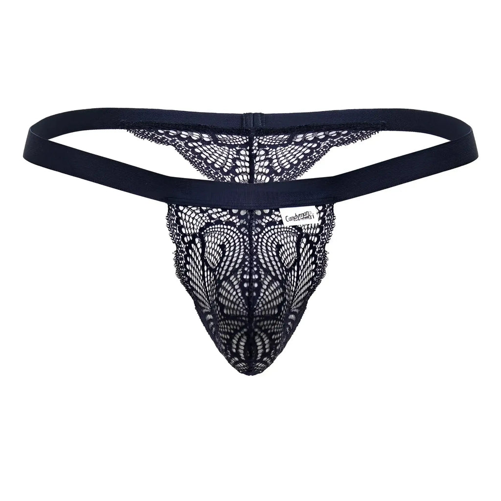 CandyMan 99823 blue lace thong with solid elastic waistband and intricate black lace pattern front view