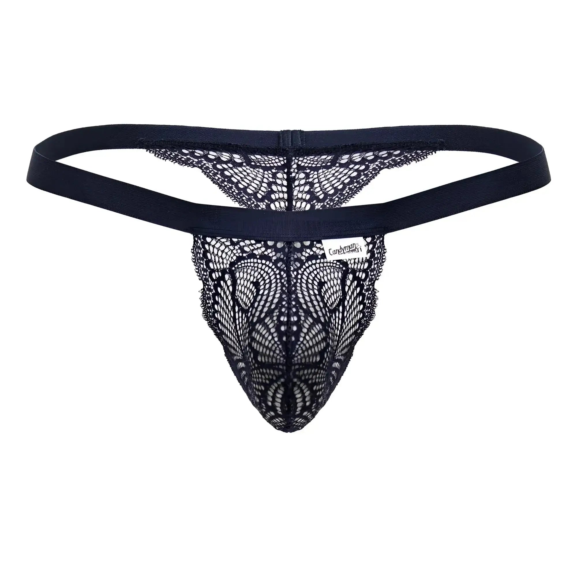 CandyMan 99823 blue lace thong with solid elastic waistband and intricate black lace pattern front view