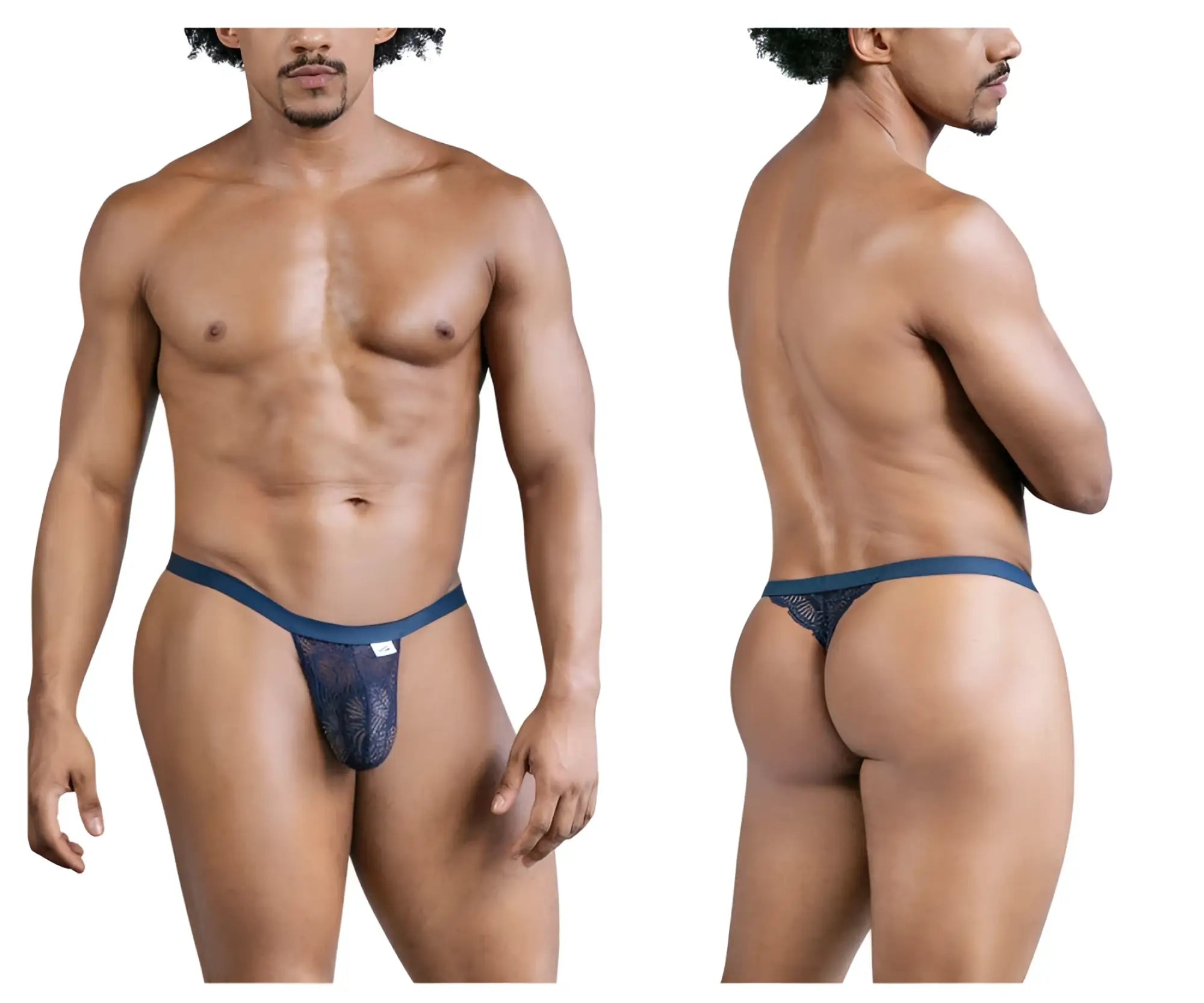 Navy blue CandyMan 99823 lace thong with a subtle pattern and solid waistband for comfortable wear