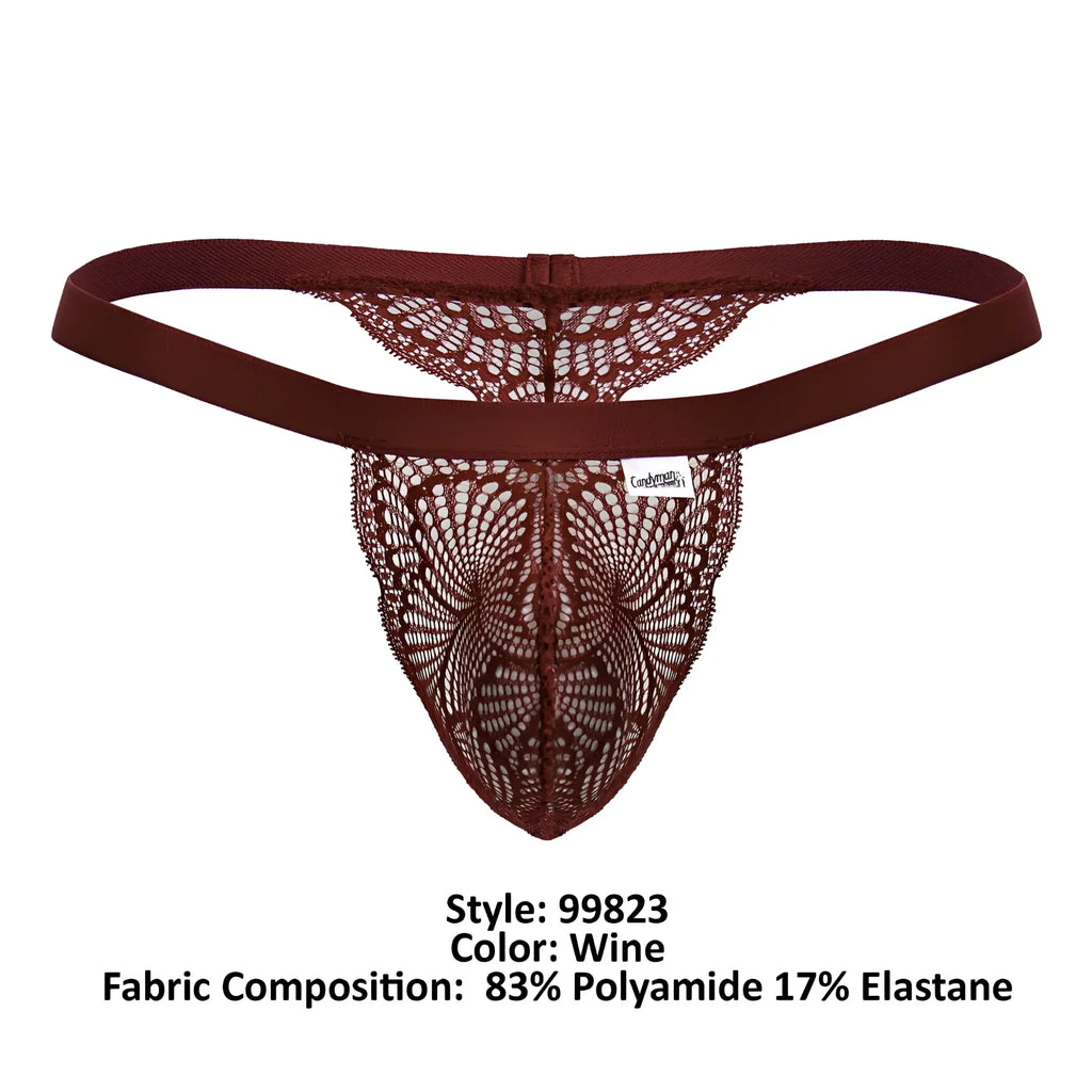 Wine-colored CandyMan 99823 lace thong with delicate intricate pattern and elastic waistband for comfortable wear