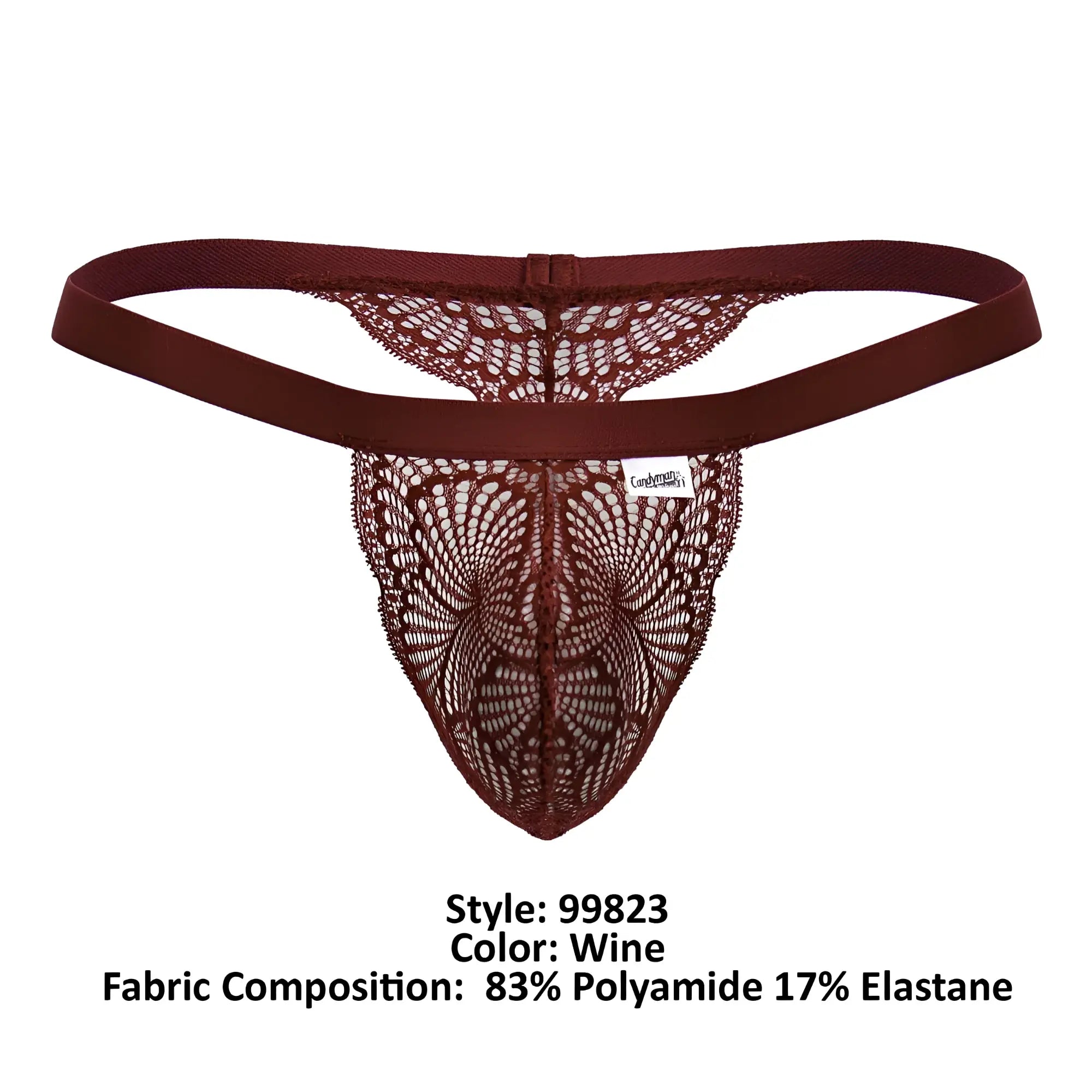 Wine-colored CandyMan 99823 lace thong with delicate intricate pattern and elastic waistband for comfortable wear