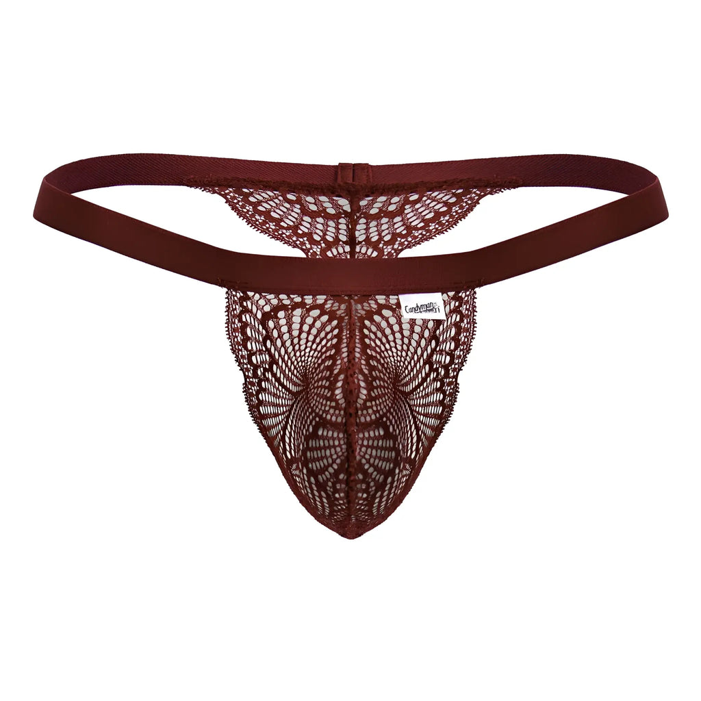 CandyMan 99823 lace thong in wine color with butterfly pattern and elastic waistband shown from the back side