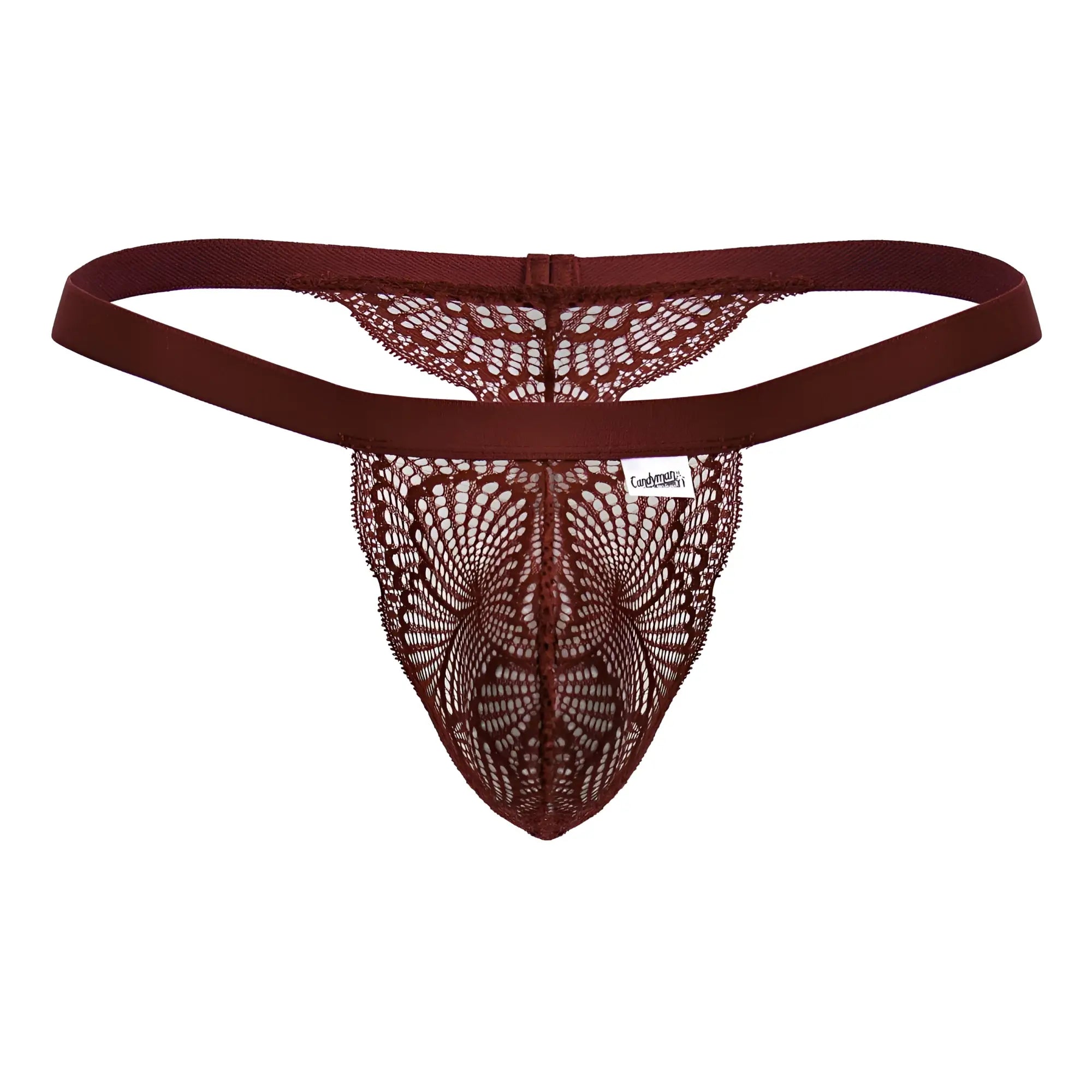 CandyMan 99823 lace thong in wine color with butterfly pattern and elastic waistband shown from the back side