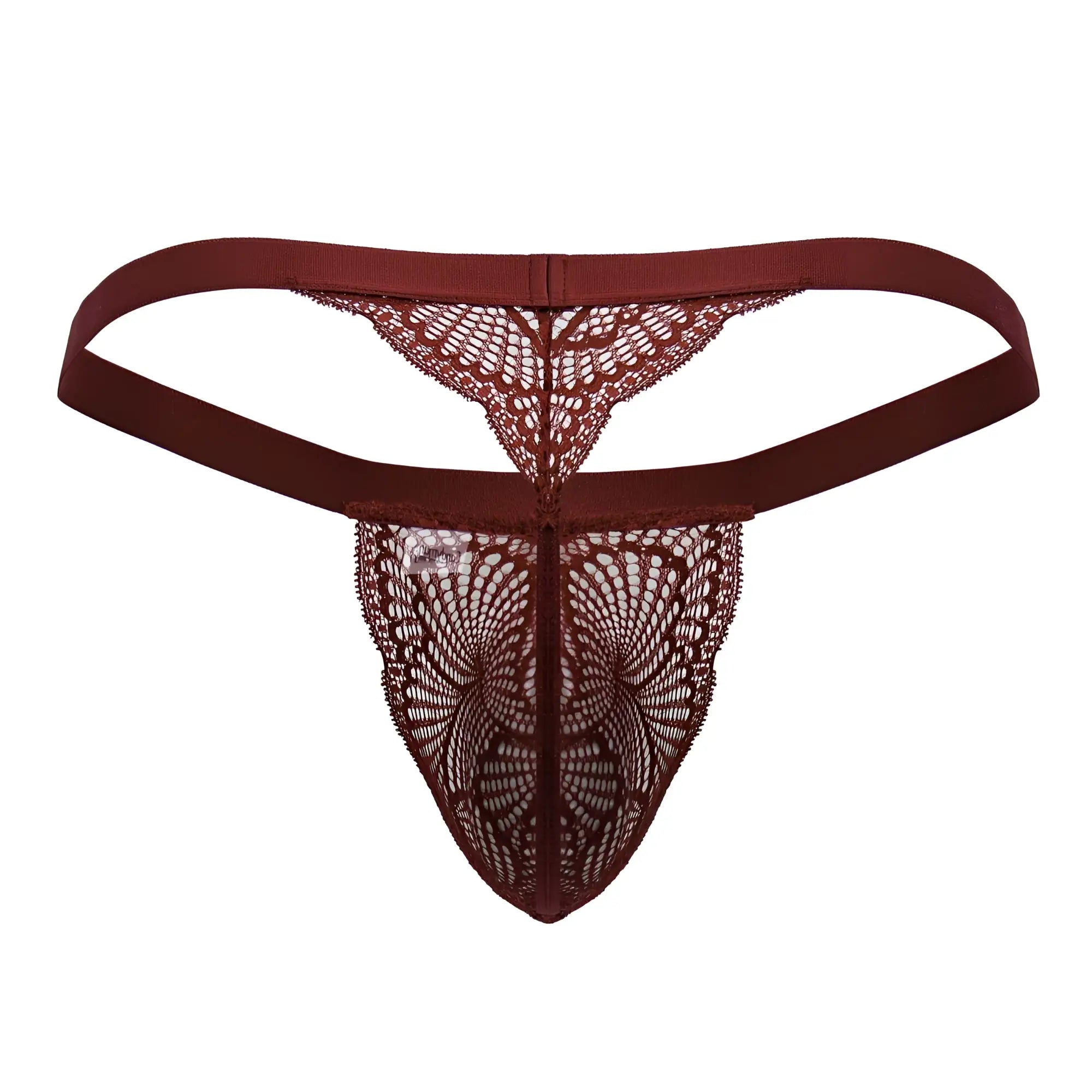 A maroon lace thong with intricate pattern and elastic waistband candyMan 99823 lace thongs color wine