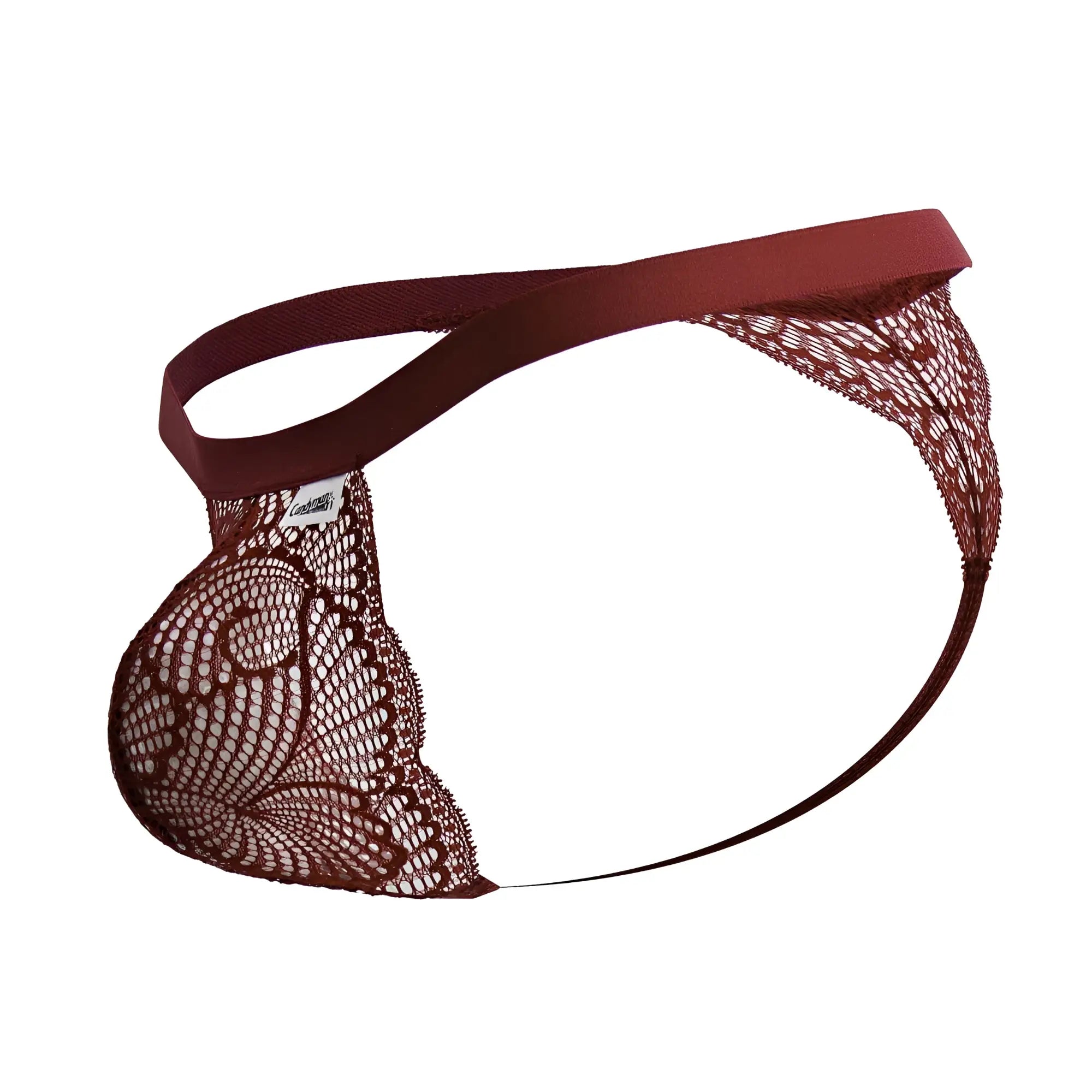 CandyMan 99823 lace thong in wine with delicate intricate pattern and smooth elastic waistband shown from the back