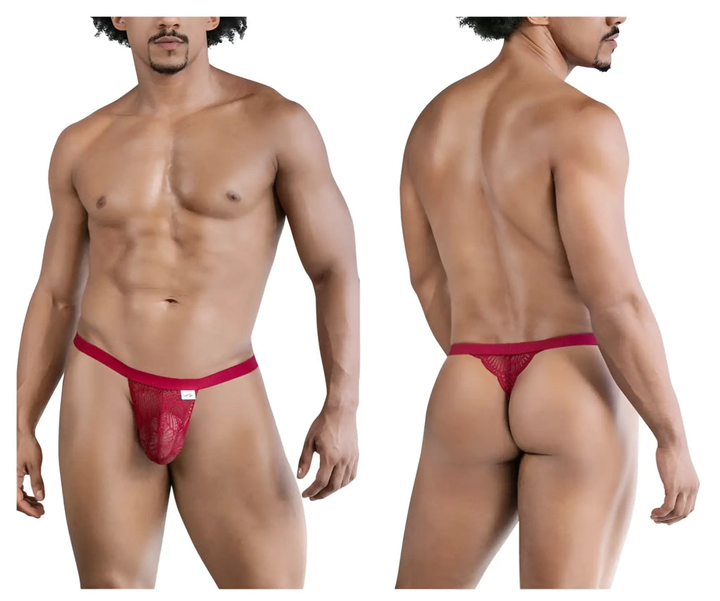 Candyman 99823 lace thong in wine color features a solid waistband and intricate lace pattern for elegant lingerie wear