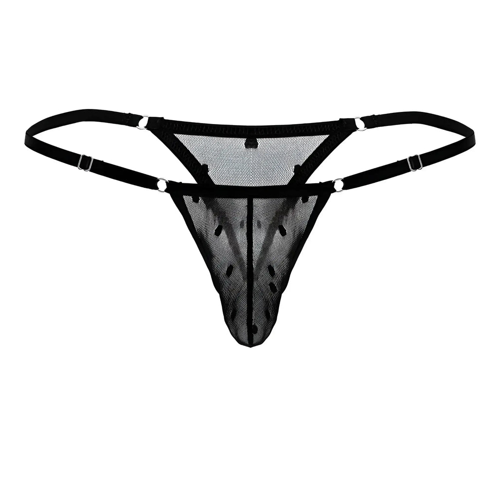 Black mesh thong candyMan 99824 with adjustable straps and silver-toned metal clasps shown from the back side