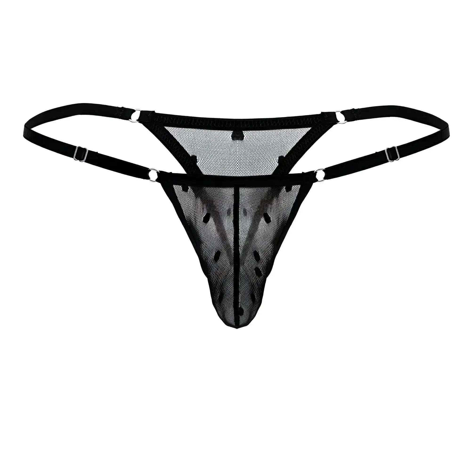 Black mesh thong candyMan 99824 with adjustable straps and silver-toned metal clasps shown from the back side
