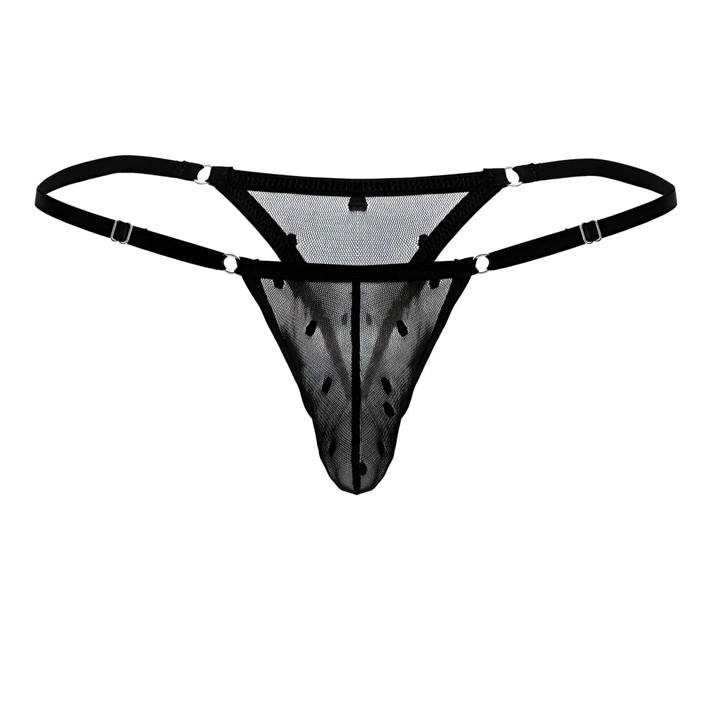 Black mesh thong candyMan 99824 with adjustable straps and silver-toned metal clasps shown from the back side