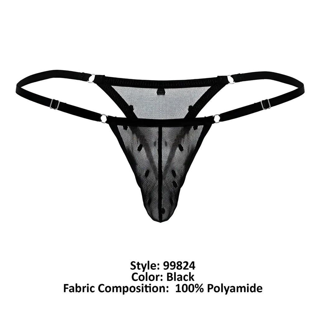 Black mesh thong with adjustable straps and silver-toned metal clasps from candyman 99824 collection