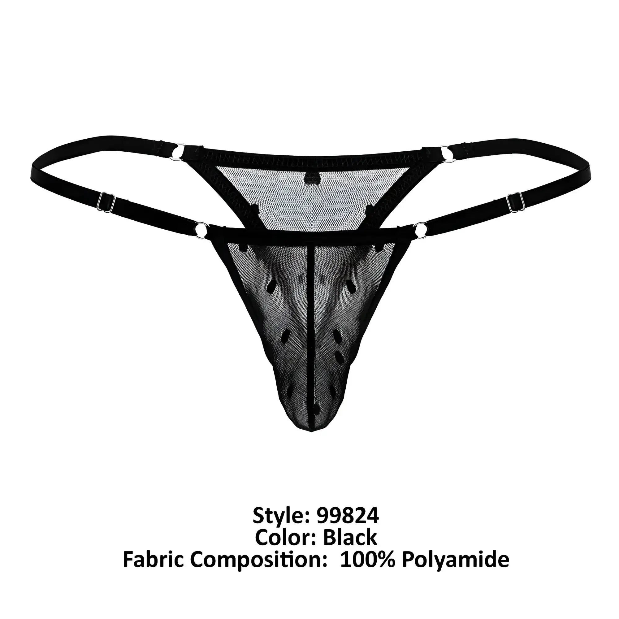 Black mesh thong with adjustable straps and silver-toned metal clasps from candyman 99824 collection