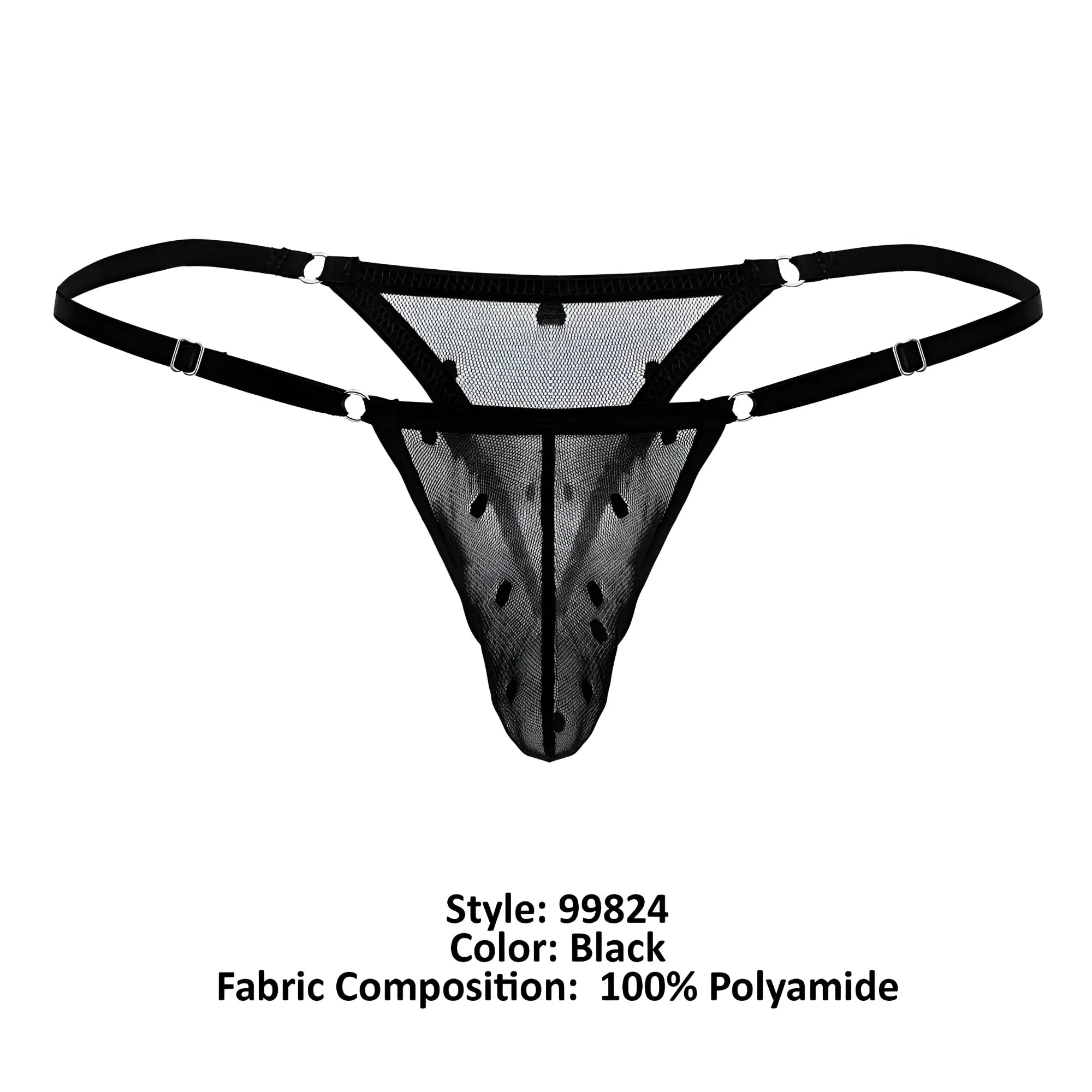 Black mesh thong with adjustable straps and silver-toned metal clasps from candyman 99824 collection