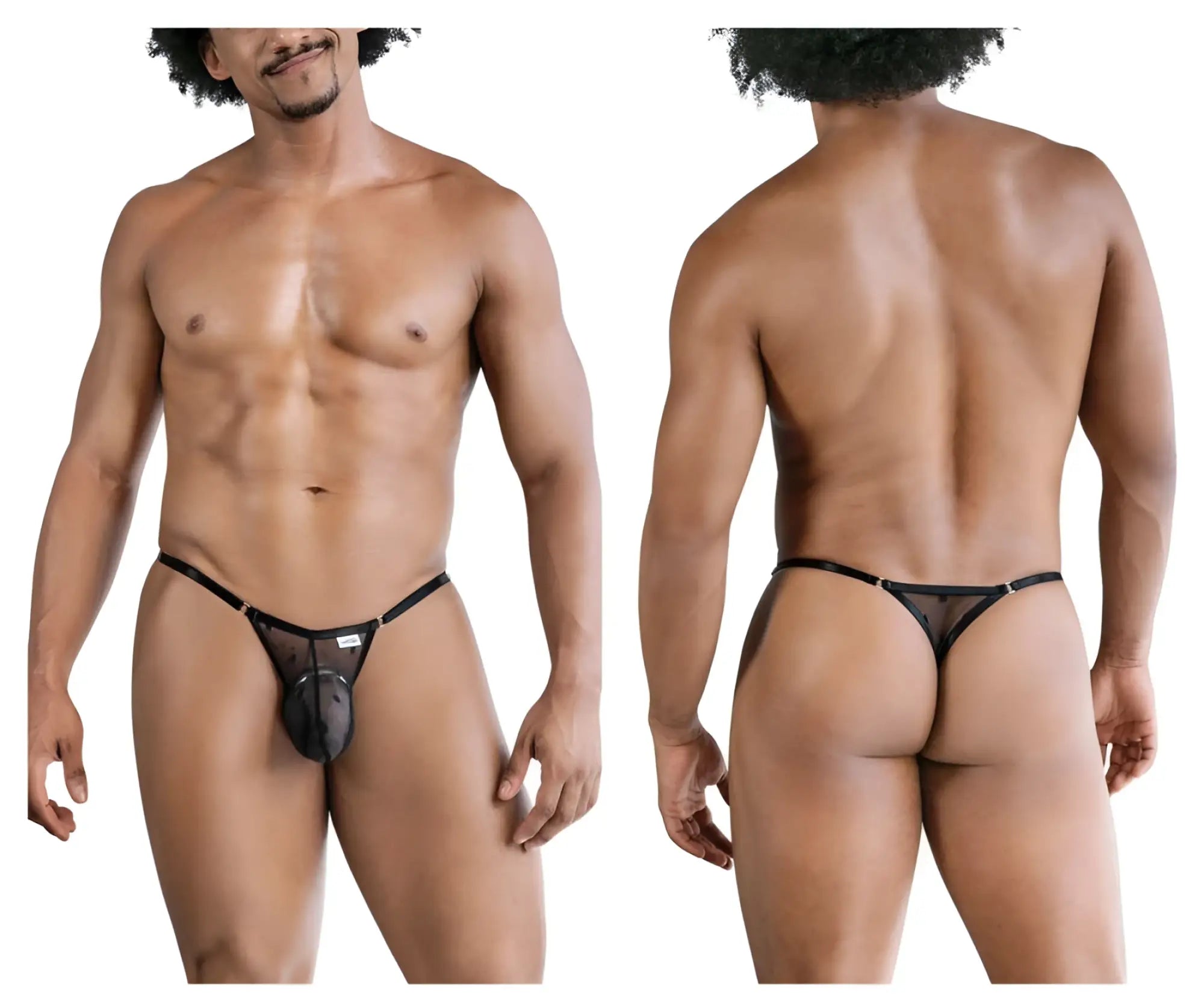CandyMan 99824 mesh thong in black with solid black pouch and adjustable straps