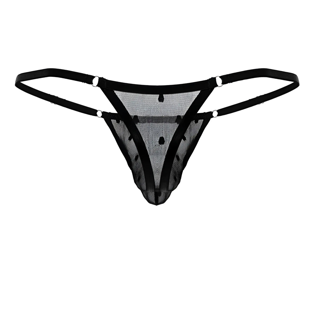 CandyMan 99824 black mesh thong with thin straps and small black dots shown from the back side
