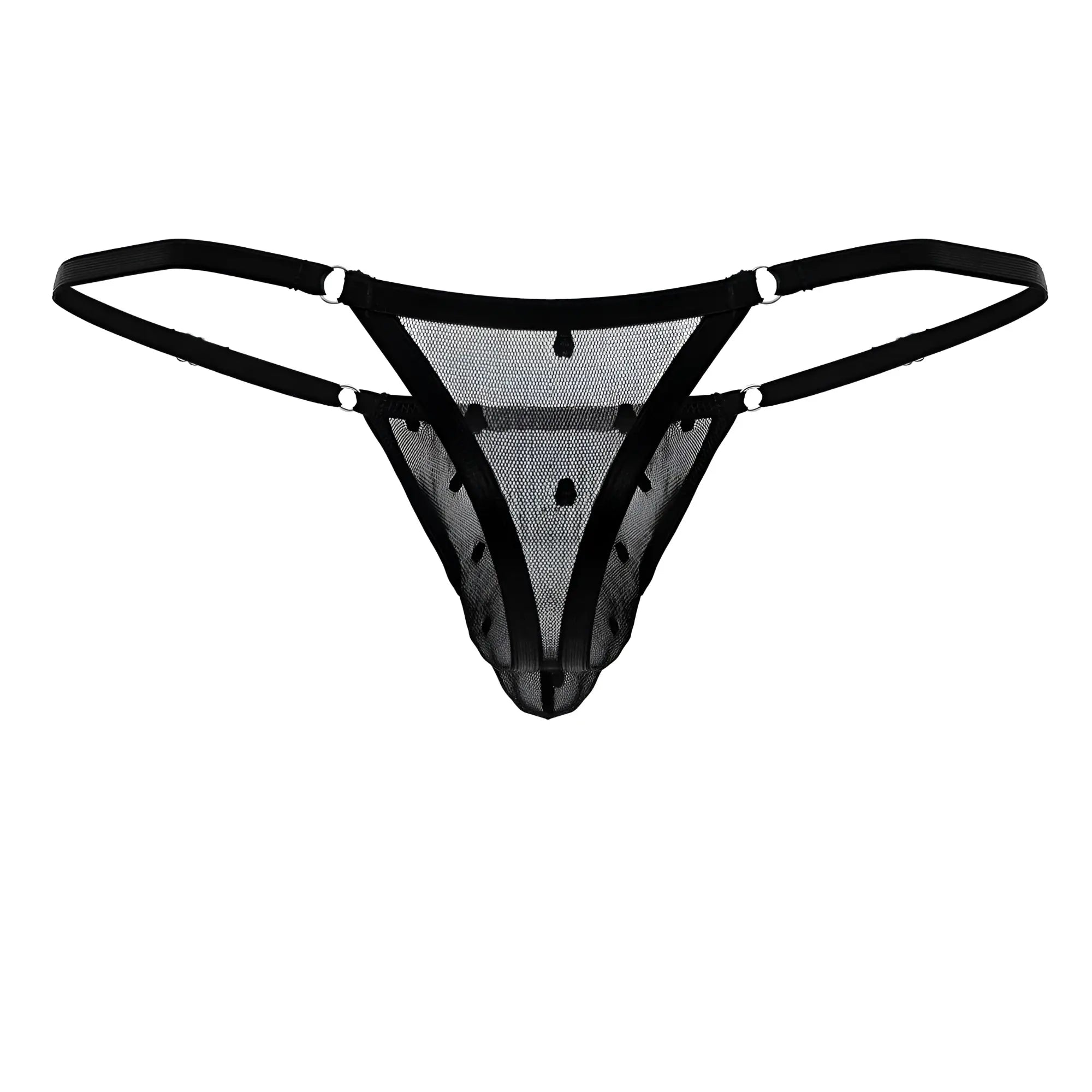 CandyMan 99824 black mesh thong with thin straps and small black dots shown from the back side