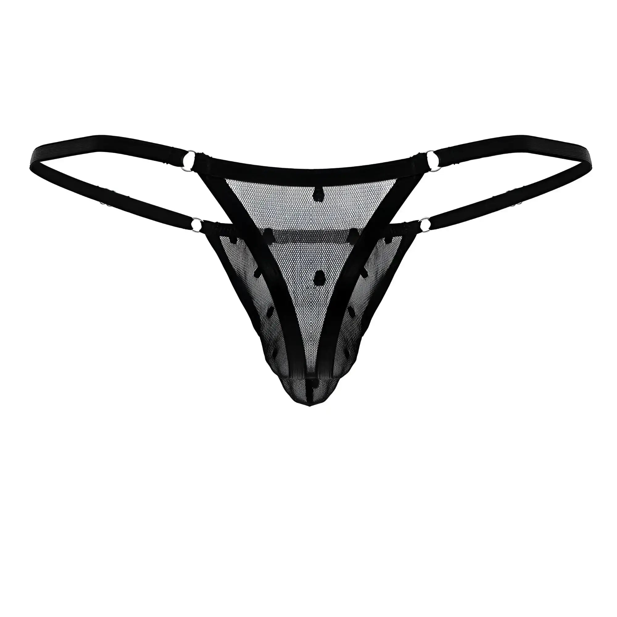 CandyMan 99824 black mesh thong with thin straps and small black dots shown from the back side