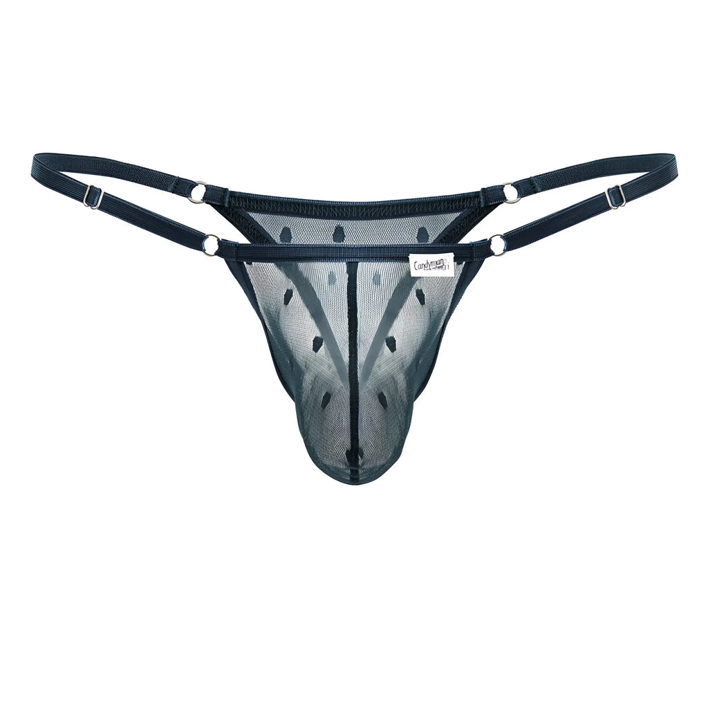 Black mesh thong CandyMan 99824 with adjustable straps and silver-toned hardware in green color
