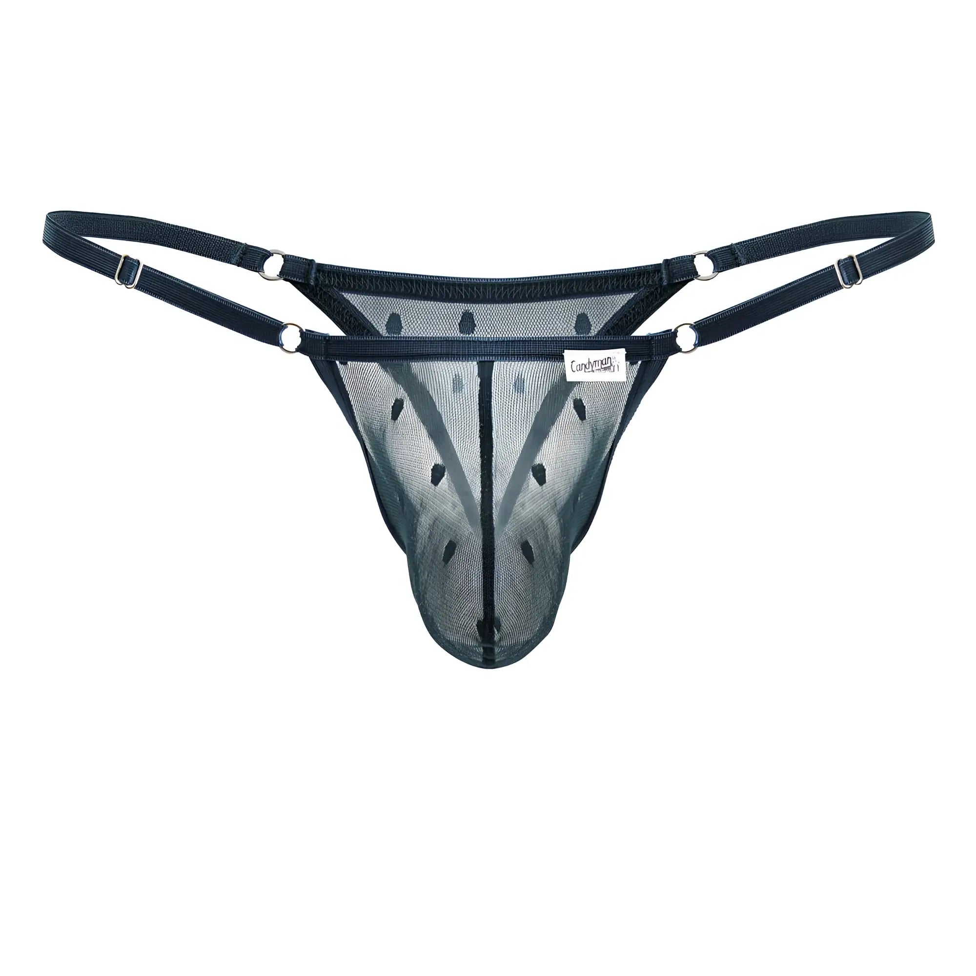 Black mesh thong CandyMan 99824 with adjustable straps and silver-toned hardware in green color