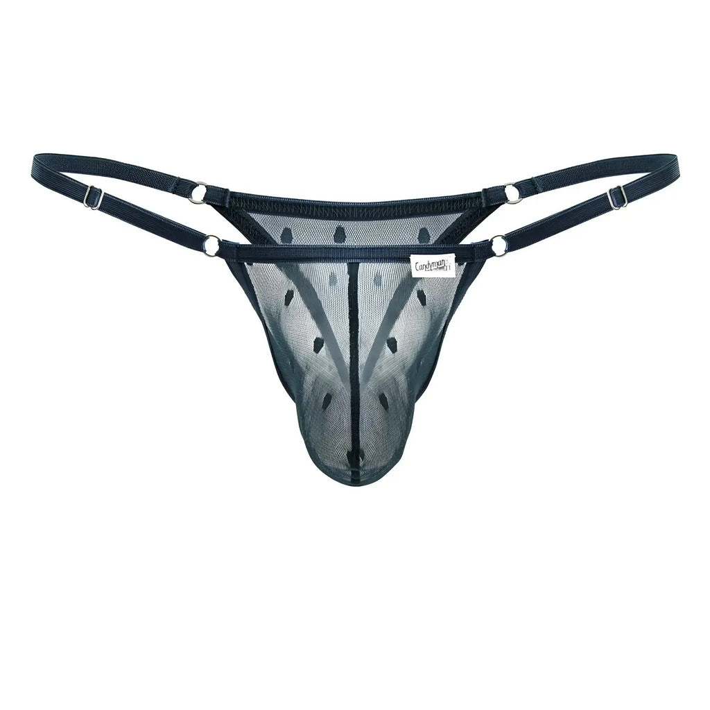 Black mesh thong CandyMan 99824 with adjustable straps and silver-toned hardware in green color