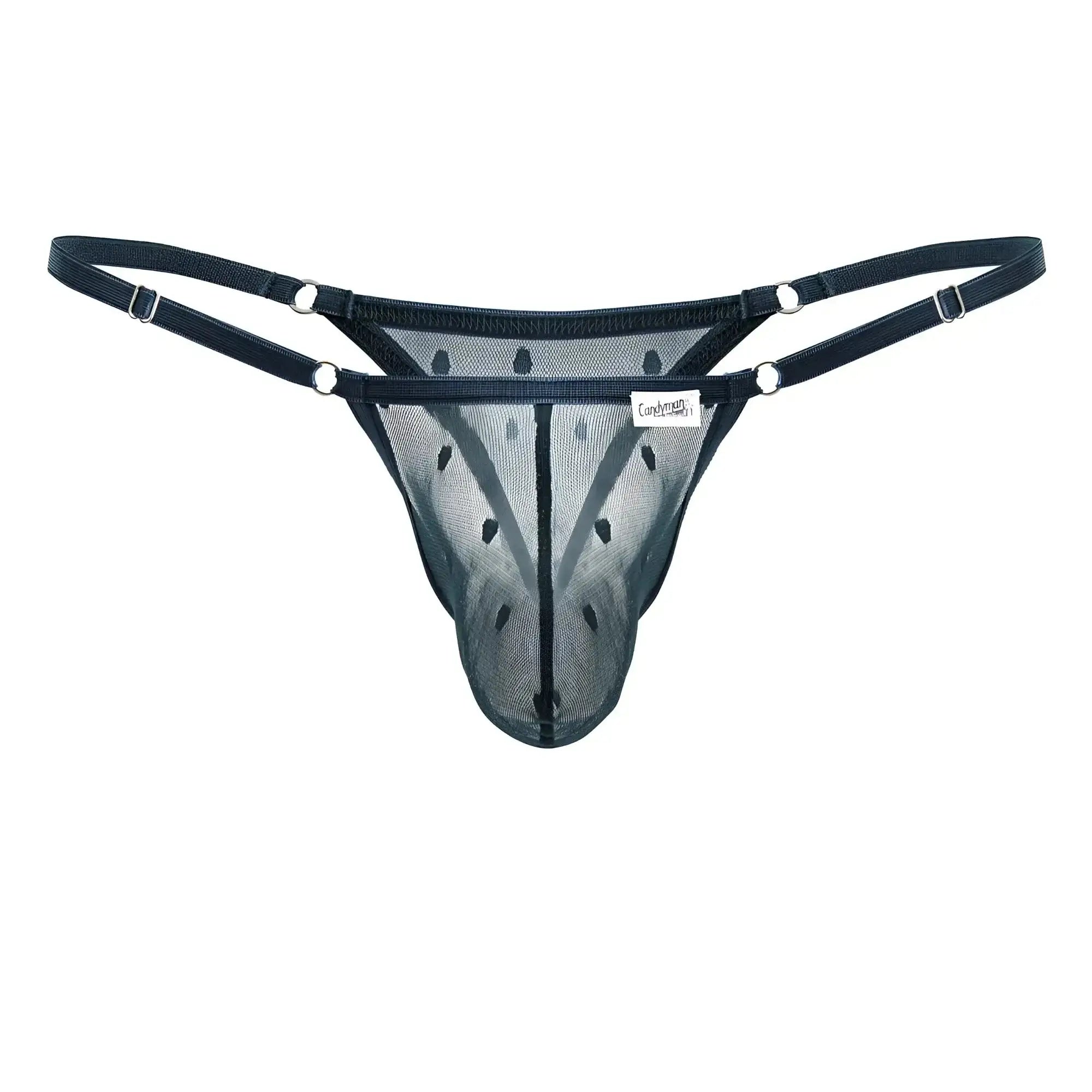 Black mesh thong CandyMan 99824 with adjustable straps and silver-toned hardware in green color