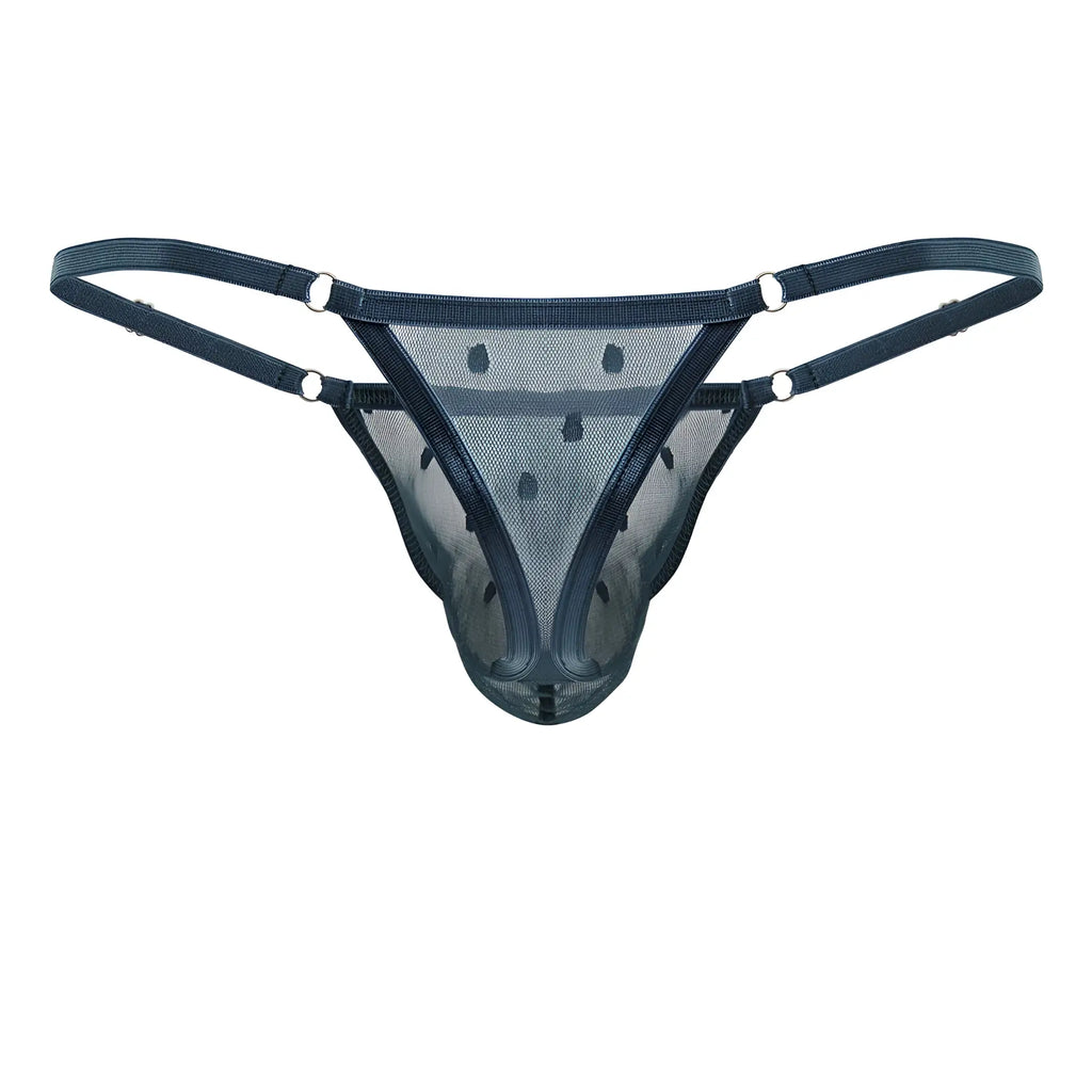 Black mesh thong with adjustable straps and silver-toned metal rings from candyman 99824 in green color