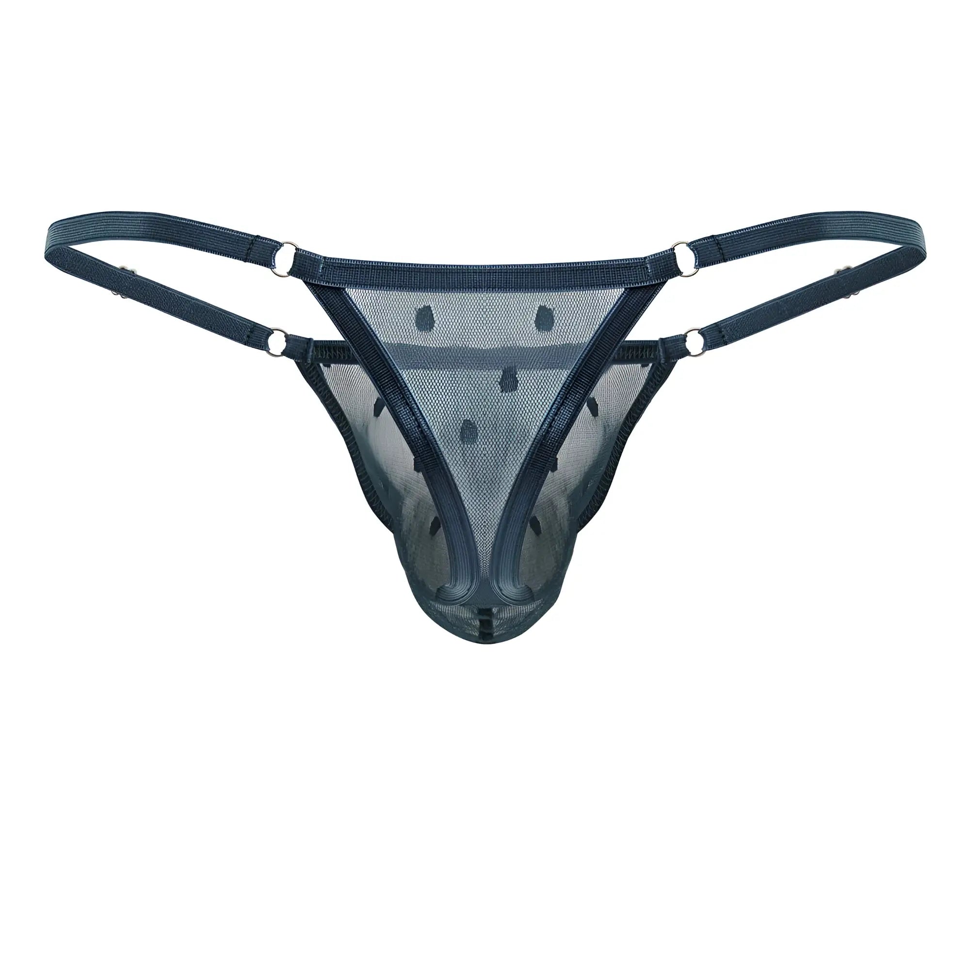 Black mesh thong with adjustable straps and silver-toned metal rings from candyman 99824 in green color